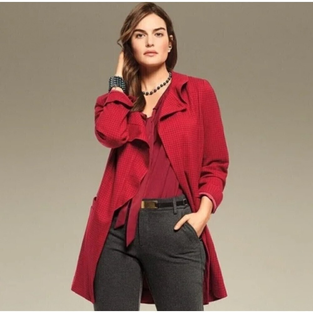 Cabi 3456 Red Houndstooth Ruffle Trim Celebration Jacket Coat, S